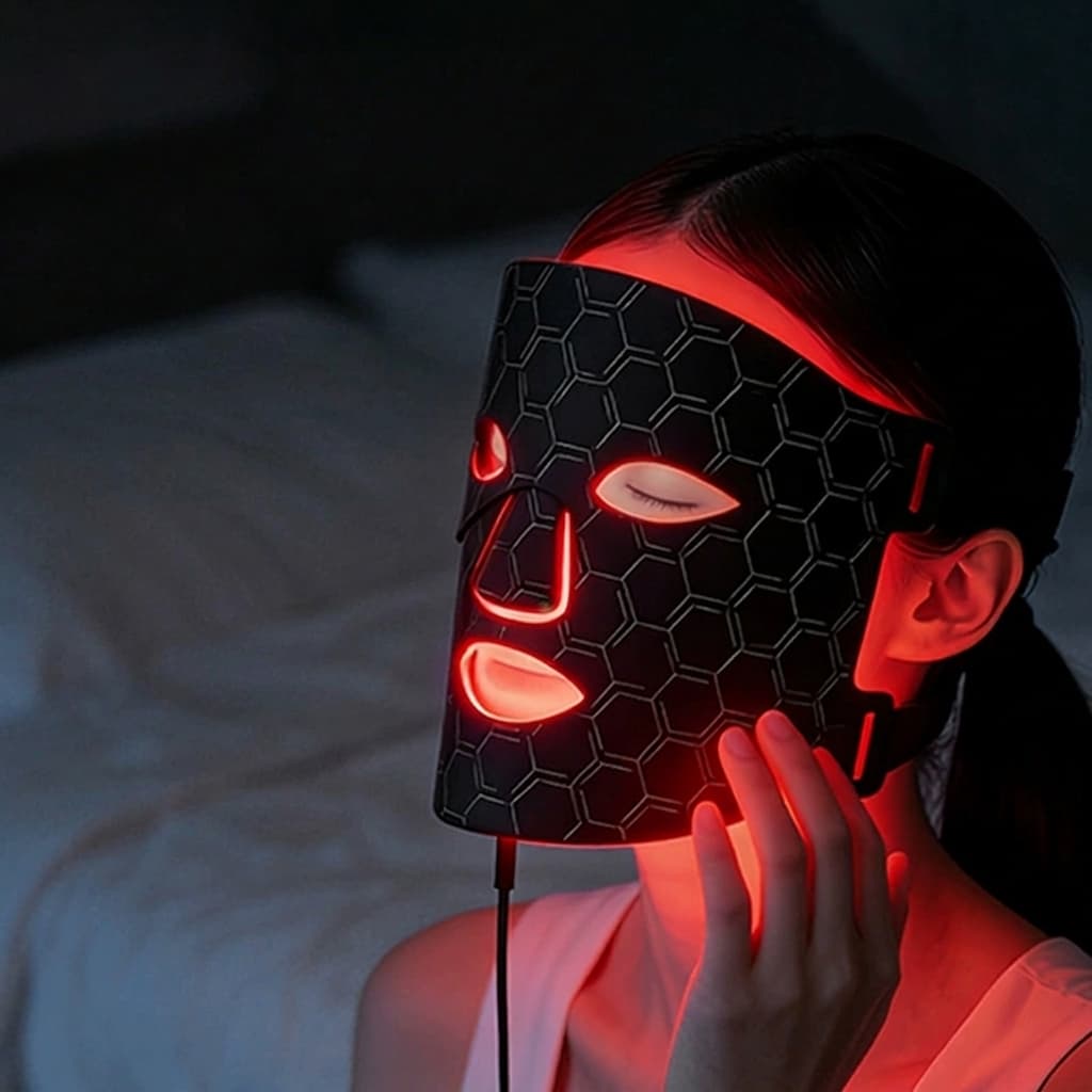 Woman relaxing with Radiveil Pro LED face mask during treatment