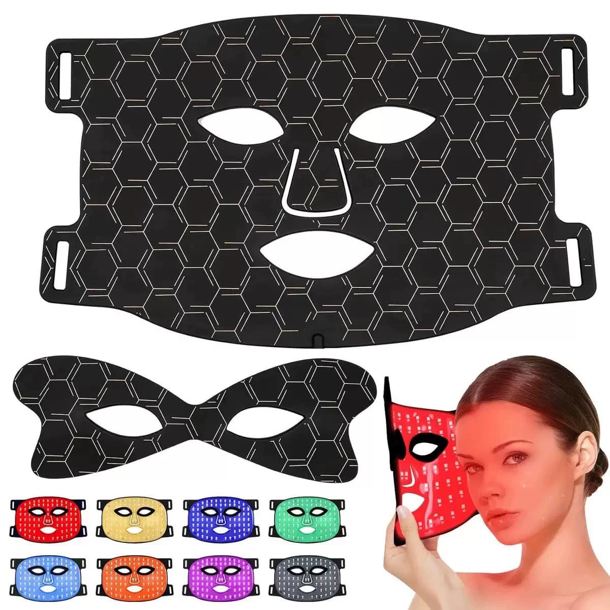 Radiveil Pro flatlay showing mask, eye shield, 8 color modes, remote control
